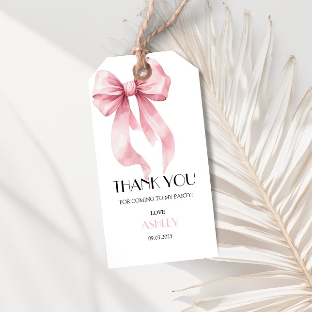 Rosa släde födelsedag  presentetikett (Pink bow thank you gift tag.)