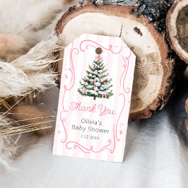 Rosa släde julgran baby shower tack presentetikett