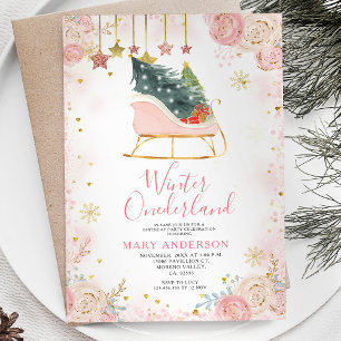 Rosa släde Vinter Snöig Onederland 1:a födelsedag Inbjudningar