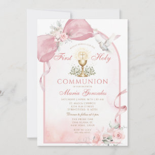 Rosa släp First Holy Communion Duva Flicka Första Inbjudningar