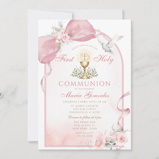 Rosa släp First Holy Communion Duva Flicka Första  Inbjudningar (Framsida)