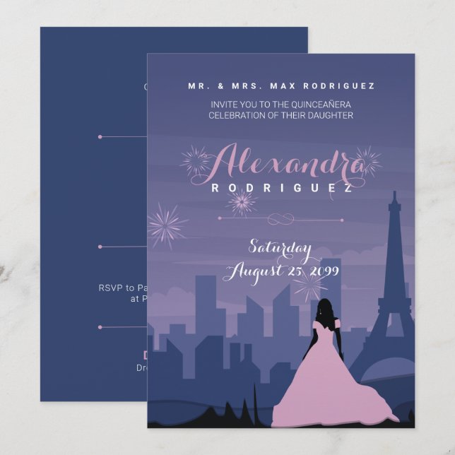 Rosa & Slate Blue Paris Fireworks Quinceañera Inbjudningar (Fram/baksida)