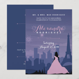Rosa & Slate Blue Paris Fireworks Quinceañera Inbjudningar