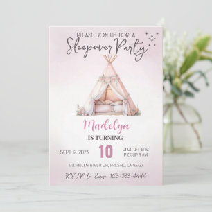 Rosa Sleepover Boho Teepee Slumber Party Birthday Inbjudningar