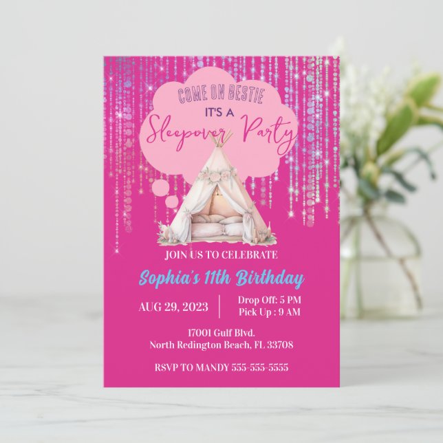 Rosa Sleepover Slumber Party Birthday Tonåring Twe Inbjudningar (Stående Fram)