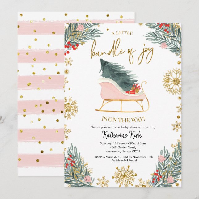 Rosa Sleigh Baby Shower Little Bundle Joy Inbjudningar (Fram/baksida)