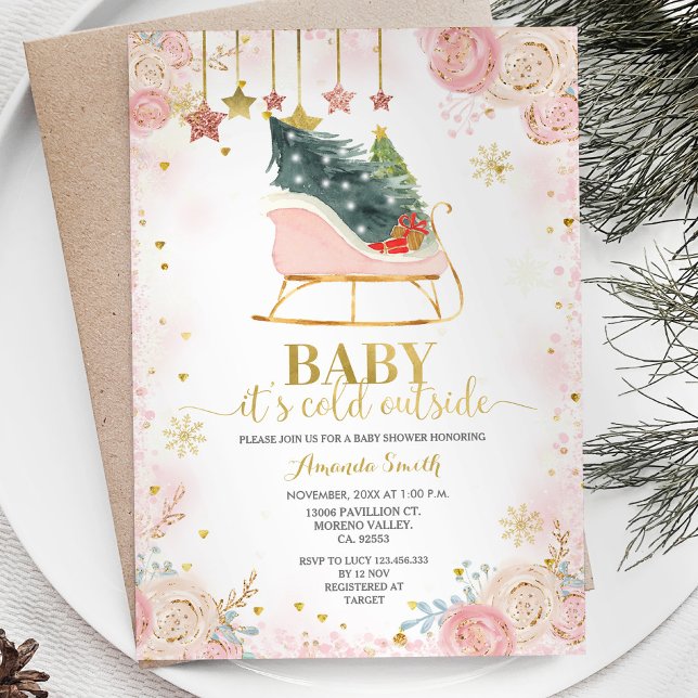Rosa Sleigh Blommigt Winter Baby Shower-inbjudan Inbjudningar (Skapare uppladdad)