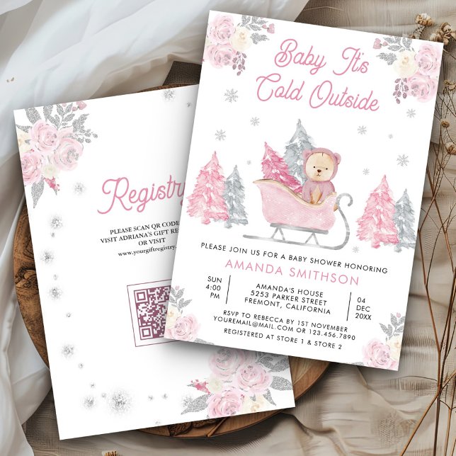 Rosa Sleigh Cute Nalle Baby Shower Inbjudningar (Skapare uppladdad)