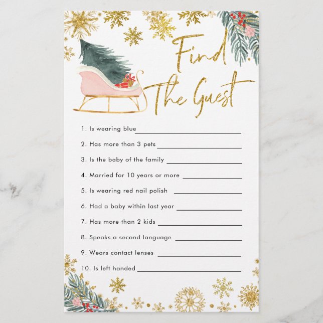 Rosa Sleigh Winter Baby Shower Hitta gästen (Framsida)