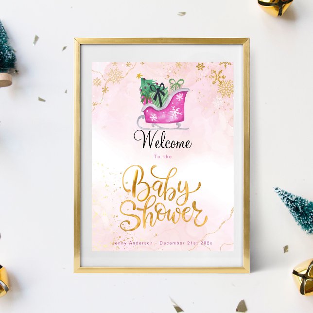 Rosa Sleigh Winter Baby Shower Välkommen Poster (Skapare uppladdad)