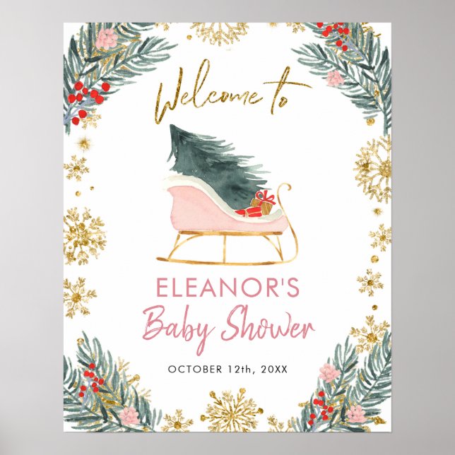 Rosa Sleigh Winter Season Baby Shower Välkomstskyl Poster (Framsidan)