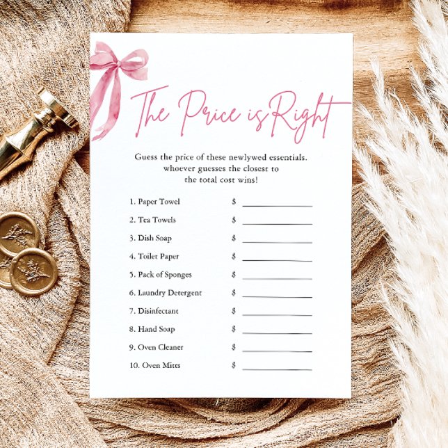 Rosa slinga Bröllopsdusch spel Inbjudningar (Pink Bow The Price is Right Bridal Shower Game)