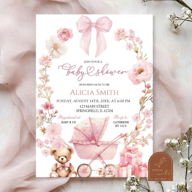 Rosa slinga Coquette barnvagn Baby Shower Inbjudningar (Skapare uppladdad)