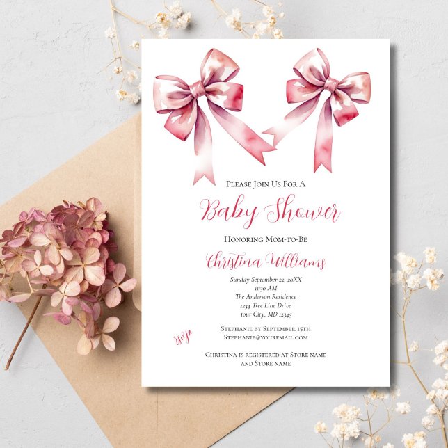 Rosa slinga Coquette flickig baby shower Inbjudningar (Pink Bow Coquette Aesthetic Baby Girl Baby Shower Invitation. Printed or Digital Download )
