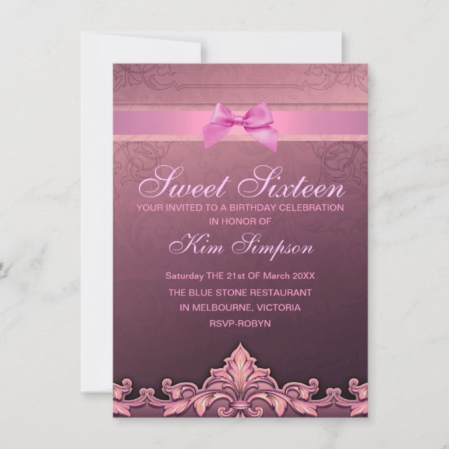 Rosa slinga & Damask Sweet 16 födelsedagsinbjudan Inbjudningar (Framsida)