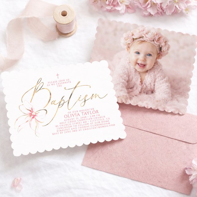 Rosa slinga elegant flicka dop FOTO Inbjudningar (Pink Bow Girl Baptism Invitation with Photo)