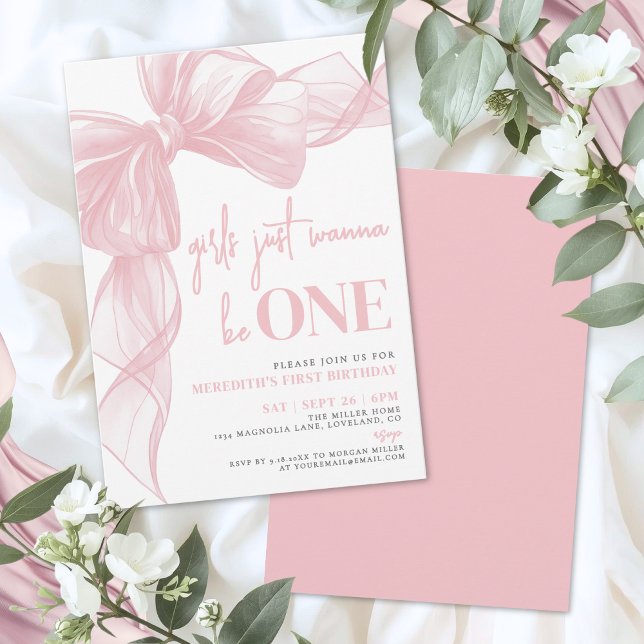 Rosa slinga Flicka vill bara vara EN Födelsedag Inbjudningar (Blush Pink Bow Girls Just Wanna Be ONE Birthday Invitation)