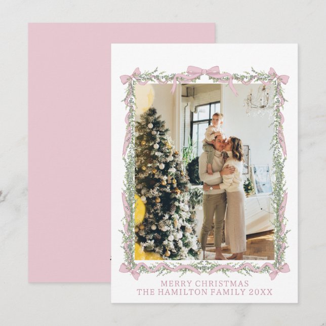 Rosa slinga grön krans randig jul fotokort  julkort (Fram/baksida)