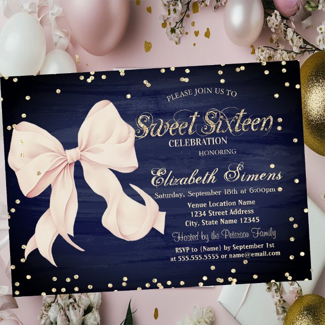 Rosa slinga guld diamanter marinblå Sweet 16 Inbjudningar (Skapare uppladdad)