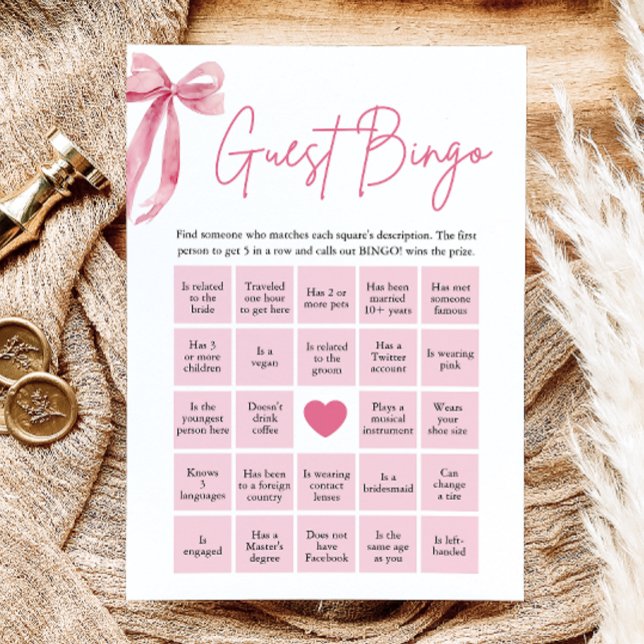 Rosa slinga Hitta gästbingo Bröllopsdusch spel Inbjudningar (Pink Bow Find the Guest Bingo Bridal Shower Game)