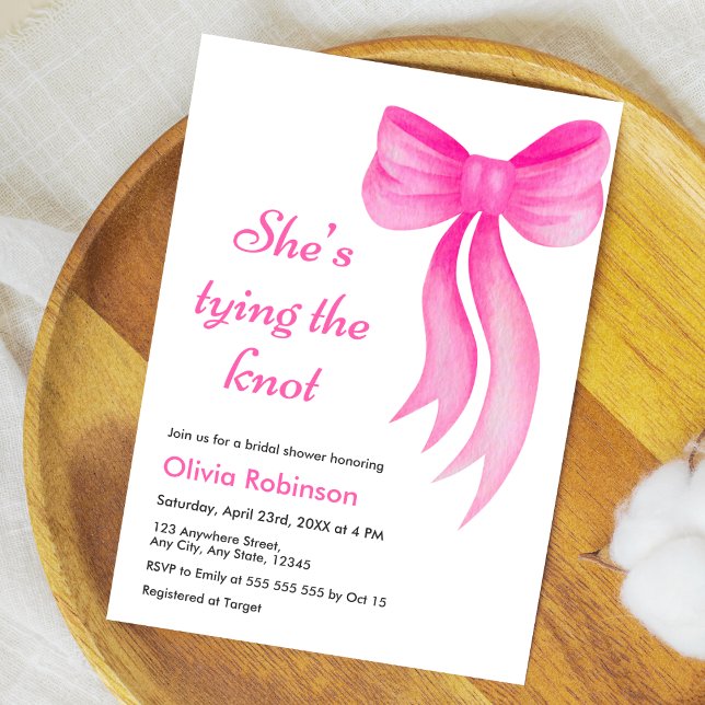 Rosa slinga Hon knyter knuten bröllopsfest  Inbjudningar (Pink Bow She's Tying the Knot Bridal Shower Invitation )