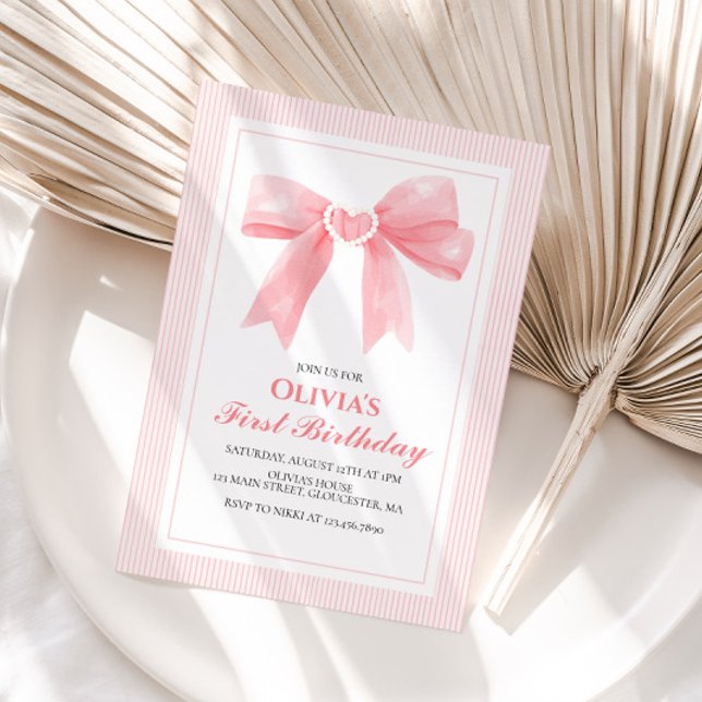 Rosa slinga och ränder Coquette 1-årsdag Inbjudningar (Skapare uppladdad)