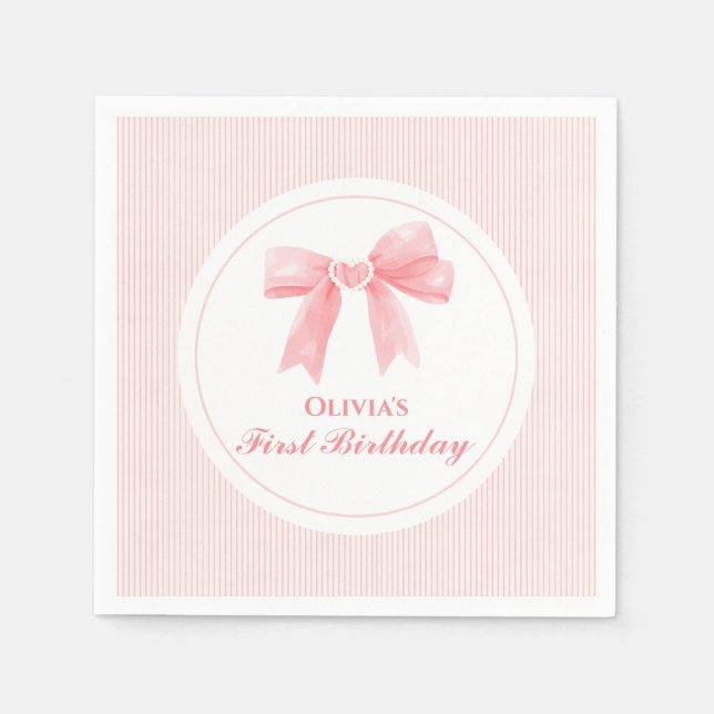 Rosa slinga och ränder Coquette 1-årsdag Pappersservett (Framsidan)