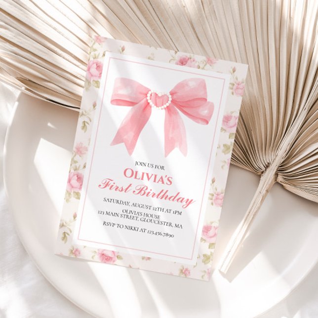 Rosa slinga och rosor Coquette 1-årsdag Inbjudningar (Skapare uppladdad)