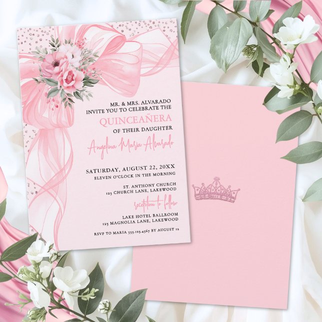 Rosa slinga Quinceanera Inbjudningar (Blush Pink Bow Quinceanera Invitation)
