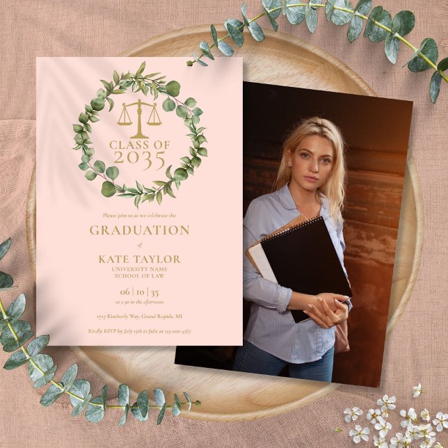 Rosa slöja Juristexamen Foto Inbjudningar (Blush Pink Garland Law School Graduation Photo Invitation)
