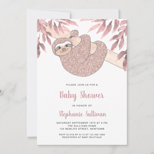 Rosa Sloth Baby Shower Inbjudningar (Framsida)