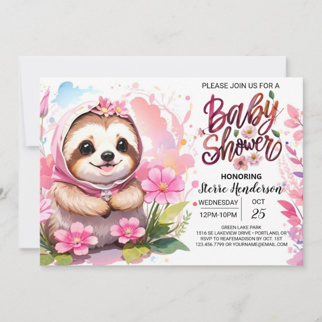 Rosa Sloth Cuteness Baby Shower Inbjudningar (Framsida)