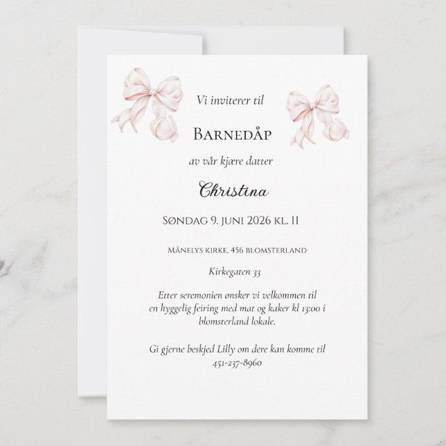 Rosa Sløyfe Dopinvitation Inbjudningar (Framsida)