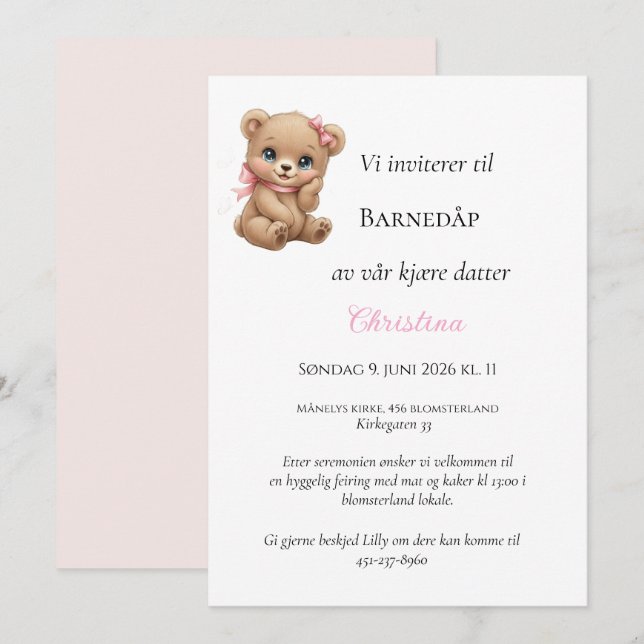 Rosa Sløyfe Teddy Dåpsinbjudan Inbjudningar (Fram/baksida)