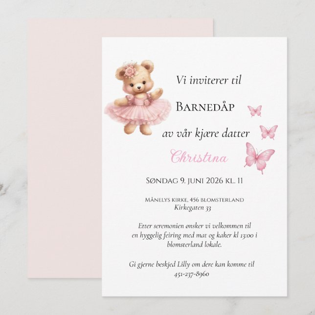 Rosa Sløyfe Teddy Dåpsinbjudan Inbjudningar (Fram/baksida)