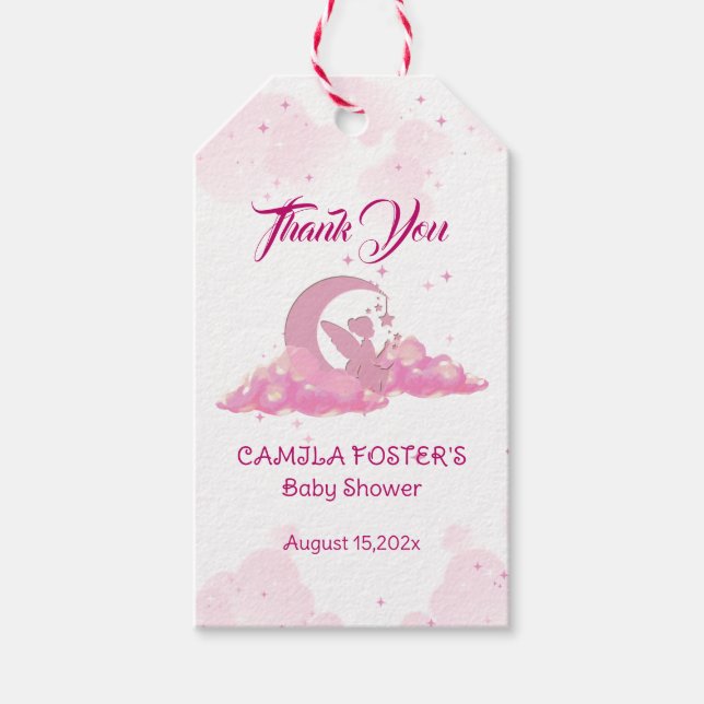 Rosa småälva baby shower presentetikett (Framsidan)