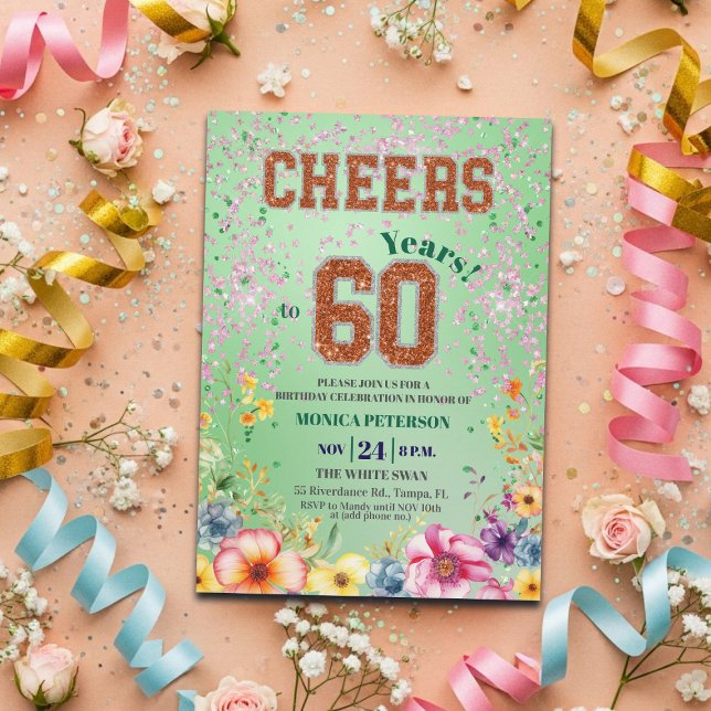 Rosa smaragdglitter blomstergestalt 60-årsfest inbjudningar (Skapare uppladdad)