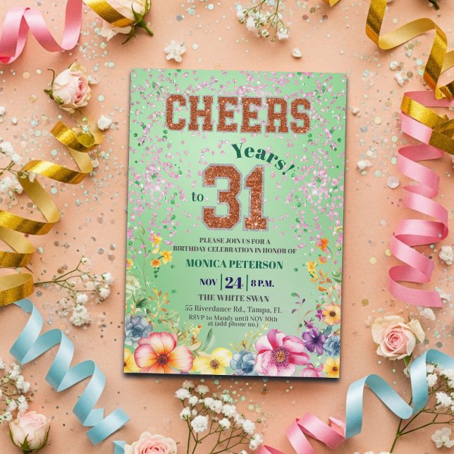 Rosa smaragdglitter blomstergrej 31-årsfest inbjudningar (Skapare uppladdad)