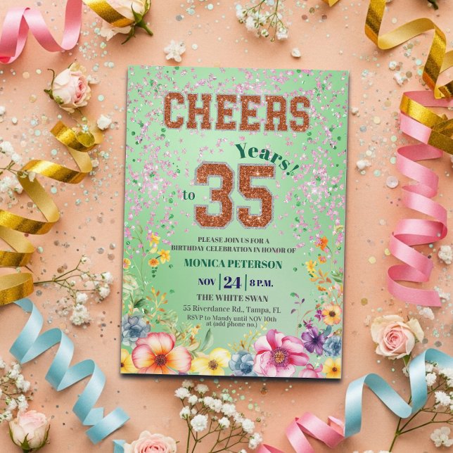 Rosa smaragdglitter blomstergrej till 35-årsfest inbjudningar (Skapare uppladdad)
