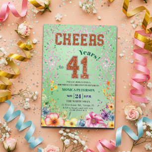 Rosa smaragdglitter blomstergrej till 41-årsfest inbjudningar
