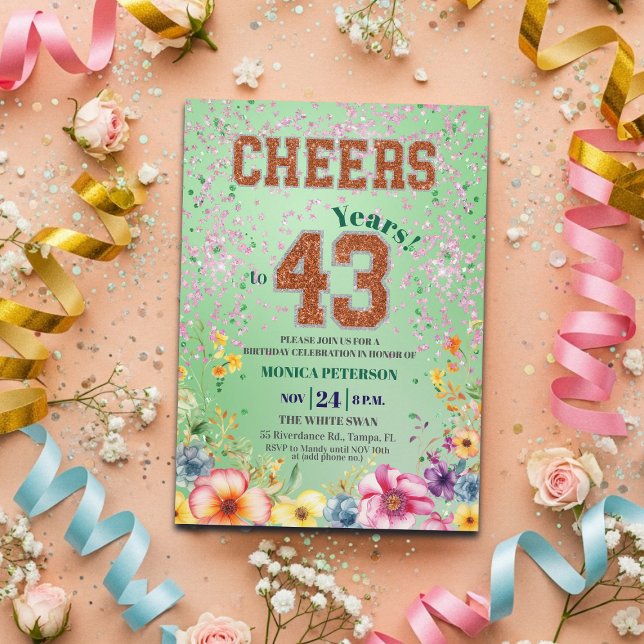 Rosa smaragdglitter blomstergrej till 43-årsfest inbjudningar (Skapare uppladdad)