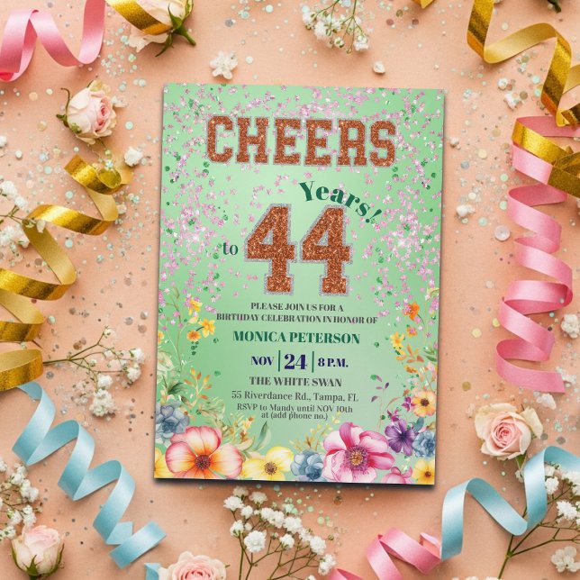 Rosa smaragdglitter blomstergrej till 44-årsfest inbjudningar (Skapare uppladdad)