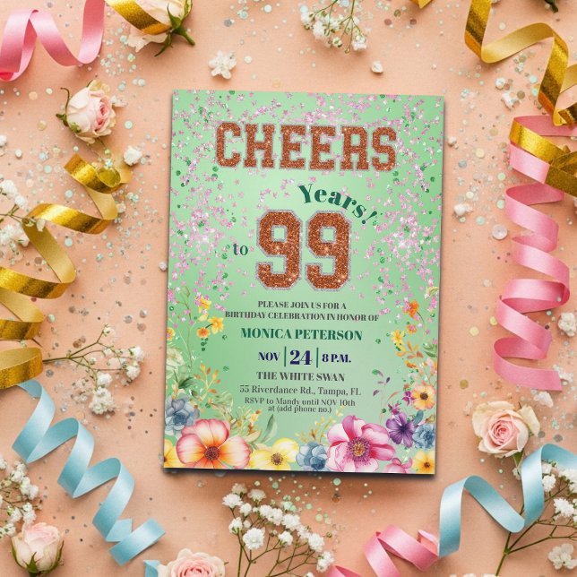 Rosa smaragdglittrande blomfest 99-års födelsedags inbjudningar (Skapare uppladdad)
