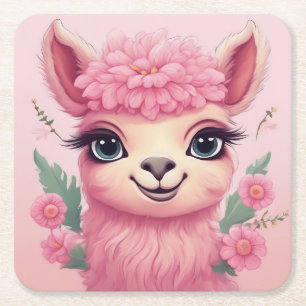 Rosa Smiling Baby Lama Underlägg Papper Kvadrat