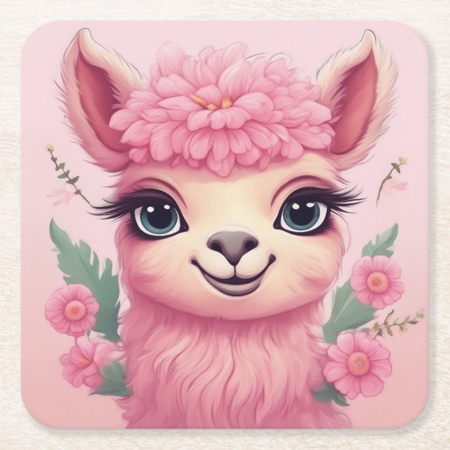Rosa Smiling Baby Lama Underlägg Papper Kvadrat (Framsidan)