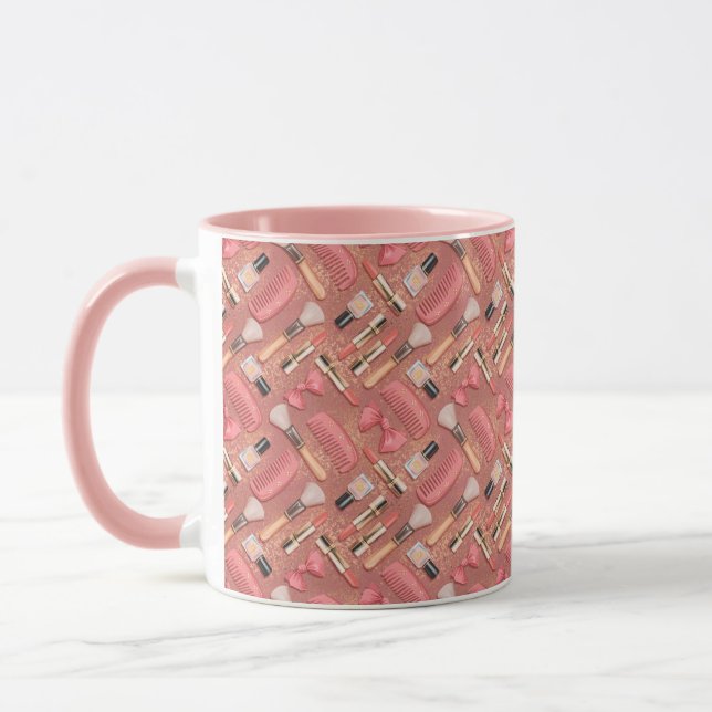 Rosa smink kosmetikmönster glitter mugg (Vänster)