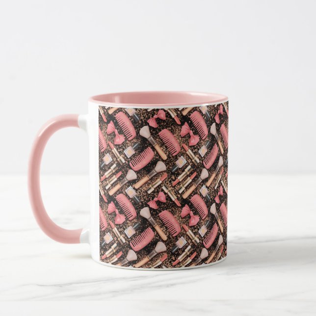 Rosa smink kosmetikmönster glitter  mugg (Vänster)