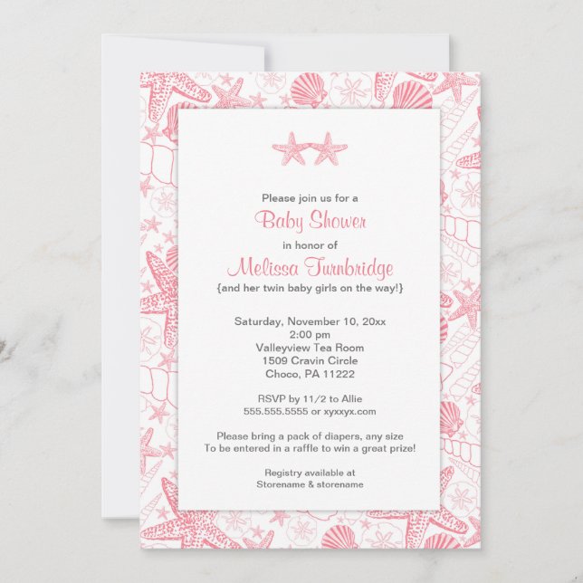Rosa Snäckor Starfish Twin Flickor babydusch Inbjudningar (Framsida)