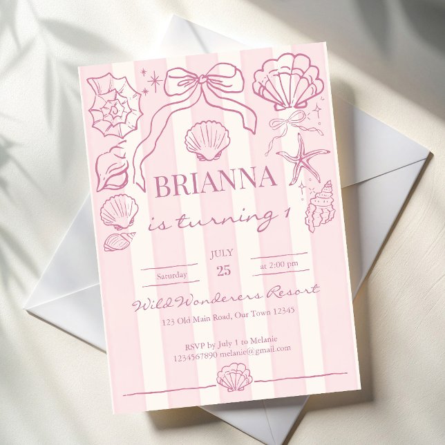 Rosa snäckskal snygga strandflickor födelsedag inbjudningar (Pink hand drawn seashells preppy coquette summer beach girls birthday party invitation card template)