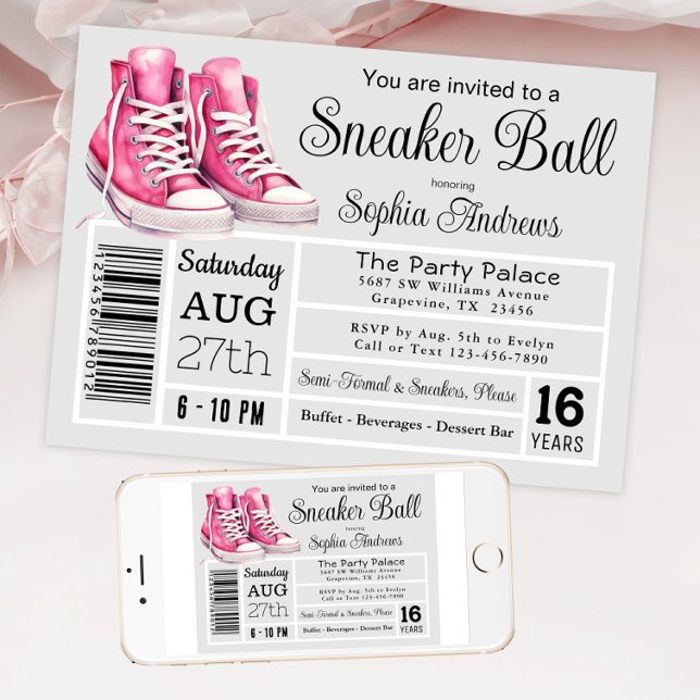 Rosa Sneaker Boll Födelsedagsfest Shoe Label Inbjudningar (Pink gray sneaker ball shoe box label style. Available for instant download and print.)